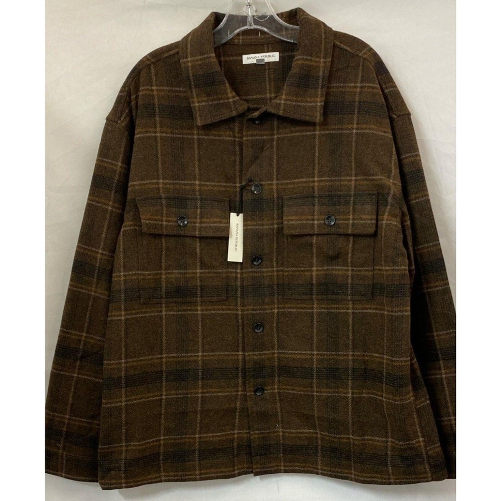 NWT Banana Republic Mens Brown Plaid Wool Blend Relaxed Shirt Jacket Shacket L